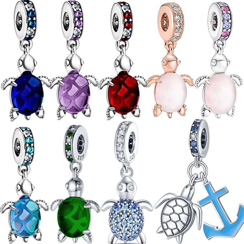 925 Sterling Silver Sea Turtle Dangle Charme para Mulheres, Colorido Vidro Murano, Rosa e Azul, Fits Pandora Bracelet, Jóias Acessórios