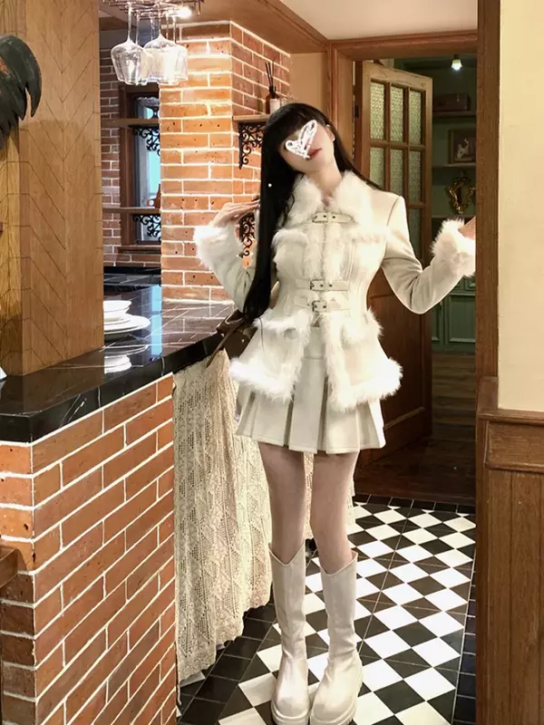 2024 Korean Fashion 2 Piece Sets Women Casual Long Sleeve Elegant Y2K Winter Coat + Office Lady Sweet Short Party Skirt