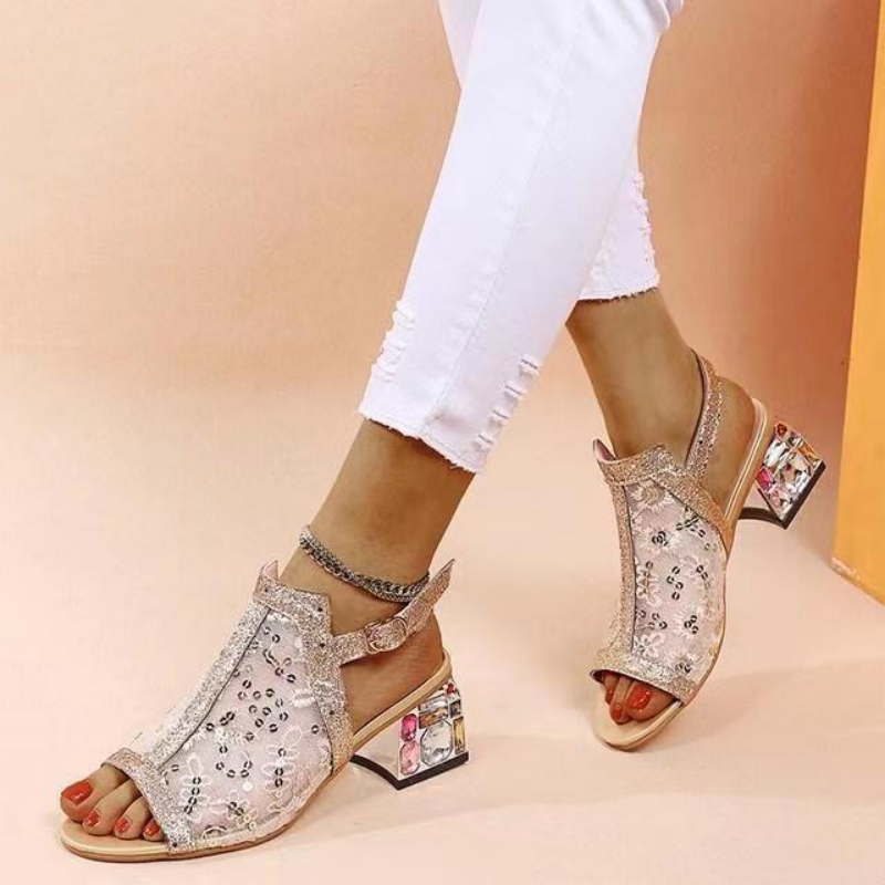 Women's Rhinestone Sandals 2023 Summer Hollow Lace Sandals Fashion Fish Mouth Shoes Jewelry Decorative Mid Heel Sandals