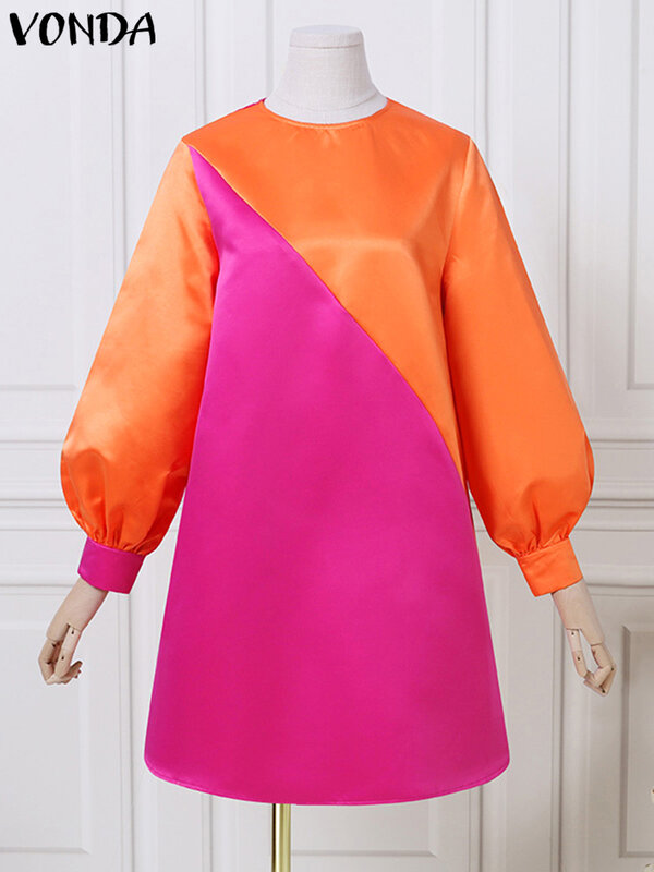 VONDA 2023 letnia sukienka damska Plus Size Vestidos Casual O dekolt w stylu Vintage Patchwork z długimi rękawami w kształcie latarni krótki szlafrok