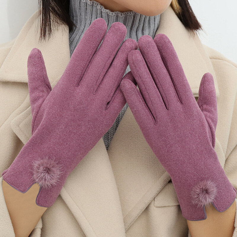 Модные женские зимние Утепленные перчатки с меховым помпоном для сенсорного экрана утолщенные Элегантные Простые Стильные перчатки для вождения и езды на велосипеде ветрозащитные
