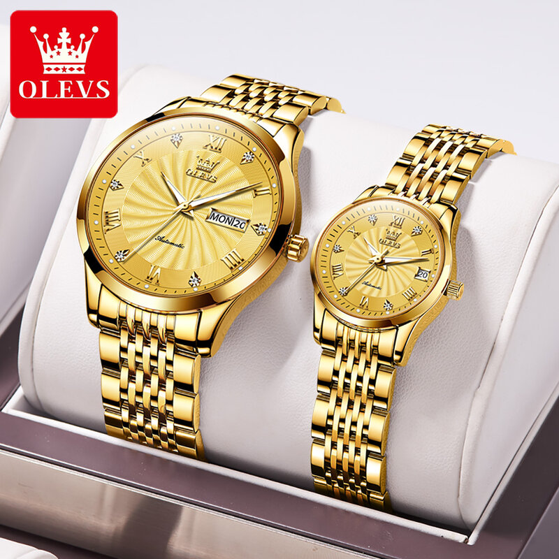 OLEVS 브랜드 럭셔리 커플 기계식 시계, 스테인레스 스틸 방수 야광 패션 연인 손목시계