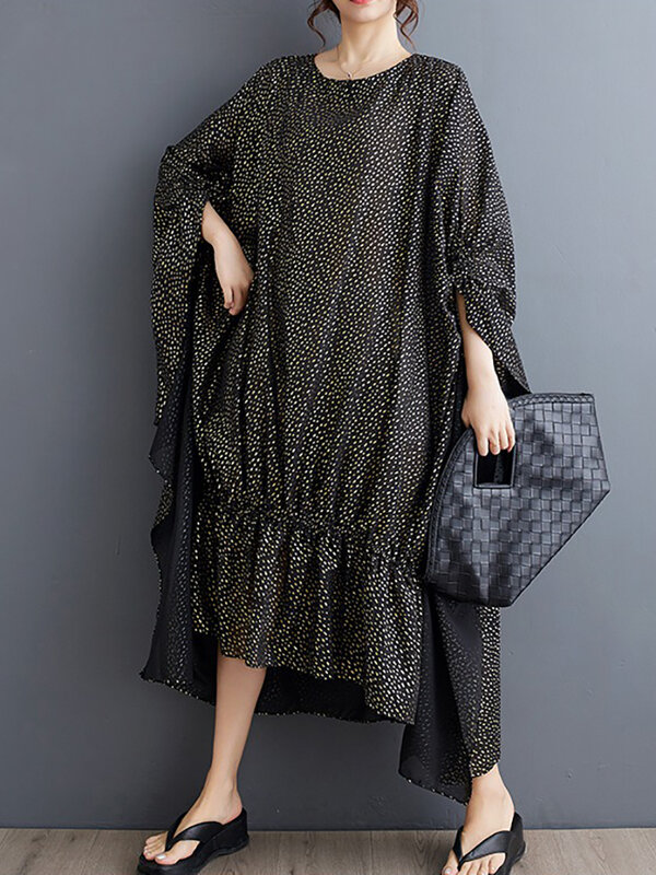 XITAO Wave Point Folds Batwing Sleeve Dresses Asymmetrical O-neck Patchwork Loose Fashion Pullover Dress 2024 Summer New ZY8677
