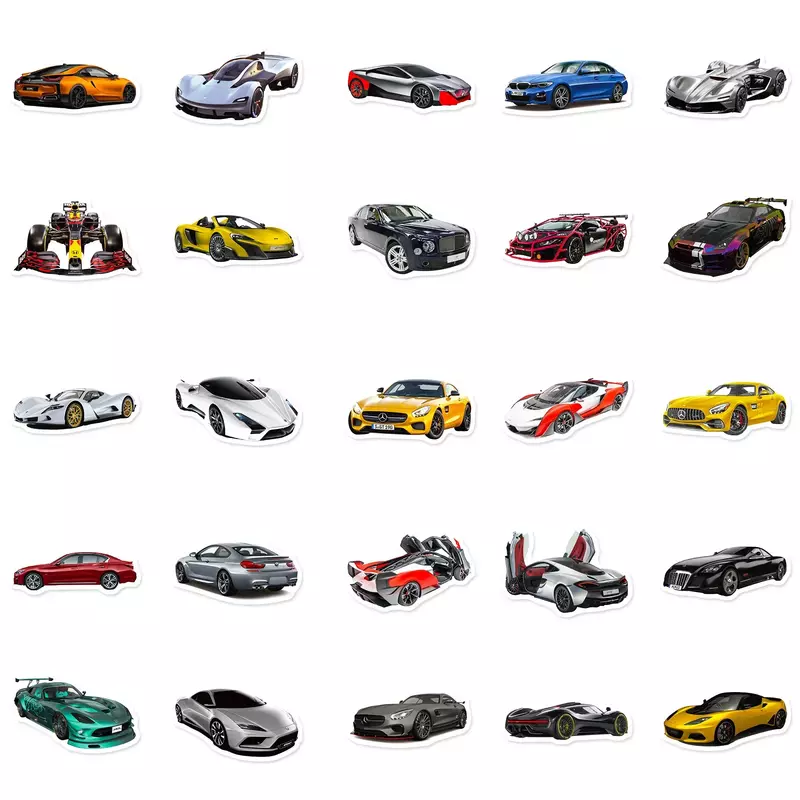 スーパーカー改造車用グラフィティステッカー子供用、装飾玩具、スーツケース、ラップトップ、電話、ギター、ウォーターカップ、50個