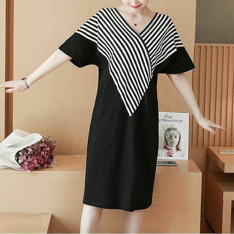 Casual V-Neck Loose A-Line Dresses Summer Short Sleeve All-match Female Clothing Stylish Korean Striped Patchwork Midi Dress New