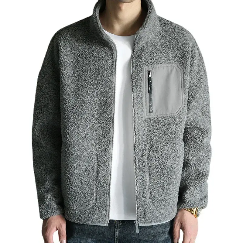 Winter Men's Fleece Jacket Warm Male Outwear Winter Parkas Zipper Stand Collar Streetwear Jackets Casual Solid Color Loose Top