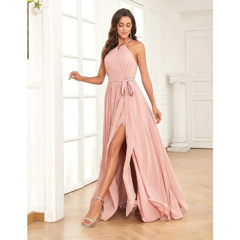 Damski Halter szyfonowa sukienka dla druhny długi z kieszonkową prostą suknią formalną suknię wieczorową na imprezę Vestidos De Gala