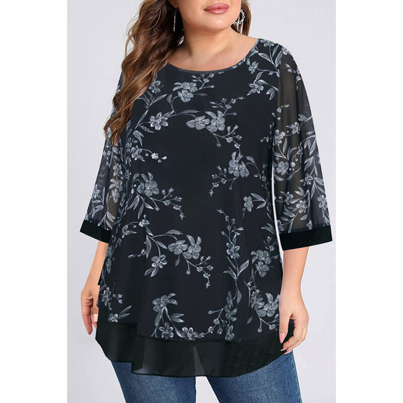 Blusa informal de malla negra con estampado Floral, Blusa de manga 3/4 de doble capa, Tops redondos de talla grande