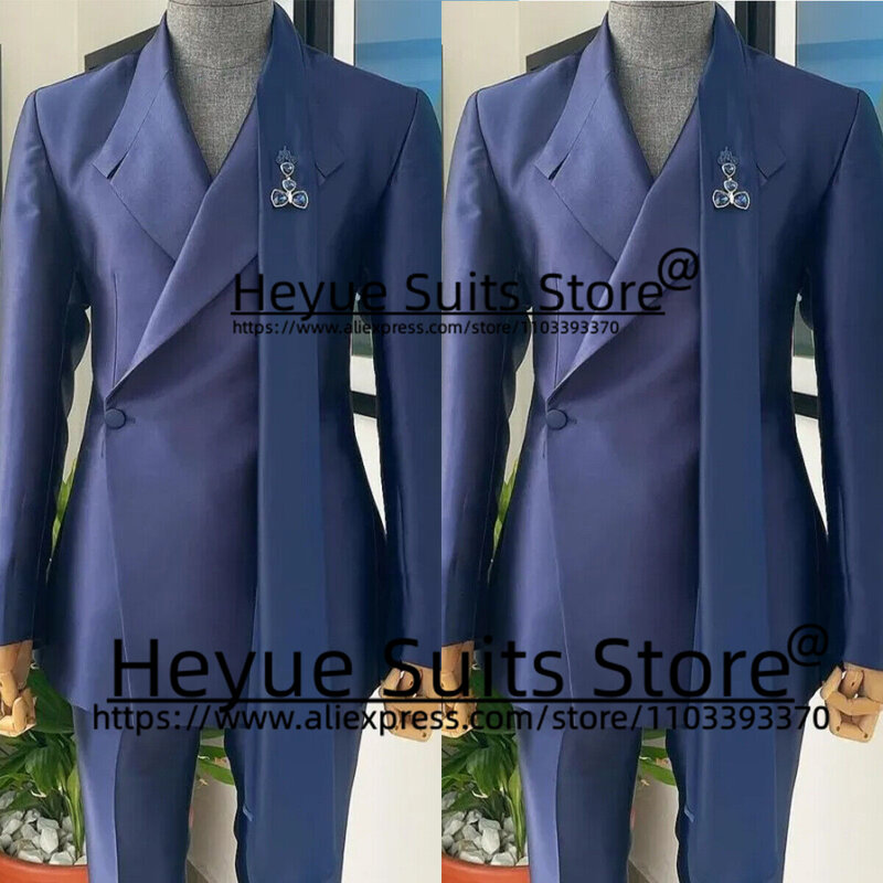 ชุดสูทงานพรอมสำหรับผู้ชายชุด Tuxedos2Pcs ทางการกระดุมเม็ดเดียวเข้ารูปชุดเบลเซอร์ชายชั้นสูงสีฟ้าสุดหรู