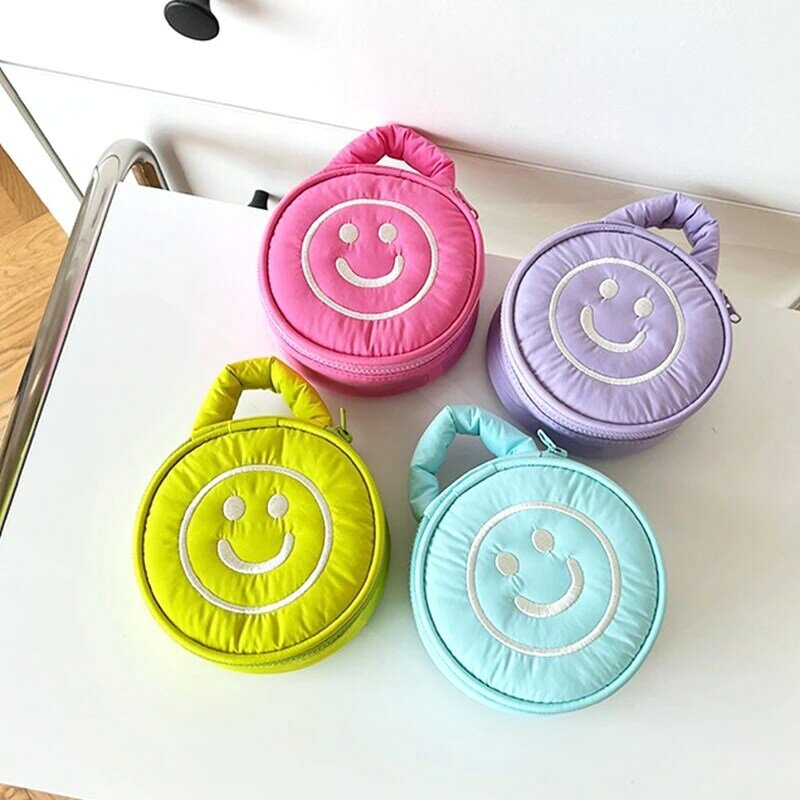 Bolsa de cosméticos con cremallera para niñas y niños, Mini bolsa de almacenamiento de viaje portátil con cara sonriente, bolso de mano informal, bolsas de almacenamiento de auriculares USB