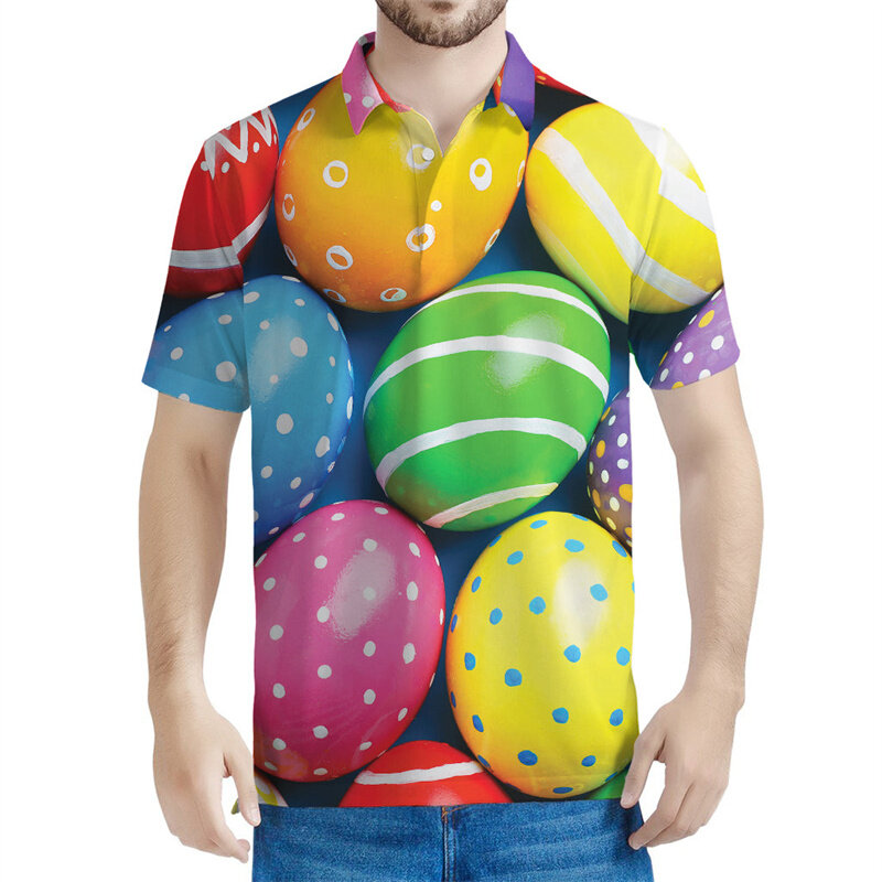 Polo con patrón de huevo de Pascua colorido para hombres y mujeres, camisetas con estampado 3d de huevos, Tops con botón, manga corta, ropa informal, blusa de solapa