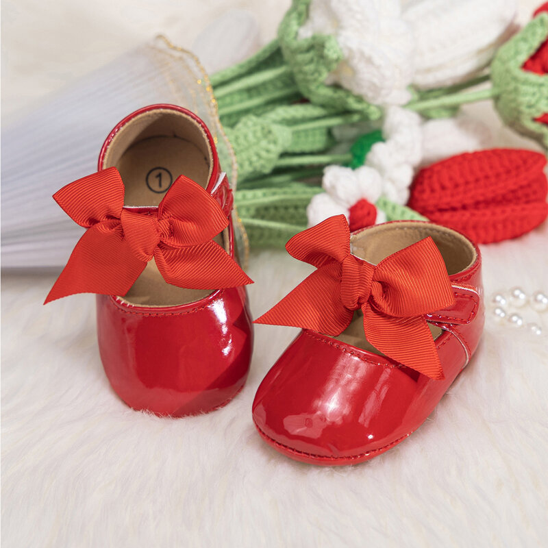 حذاء من الجلد الصناعي بعقدة فيونكة حمراء للفتيات الصغيرات ، أحذية ماري جين مسطحة للأطفال حديثي الولادة ، أحذية أميرة للأطفال الصغار ، حفل زفاف ، مشاية أولى
