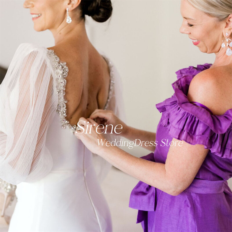 Sirene Elegant Long Puffy Sleeve High Side Silt Stain Wedding Dress Simple V-Neck Backless Sequin Floor Length Tulle Bridal Gown