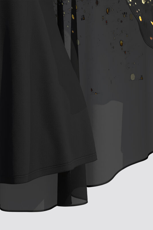 フライポッチャリ-ブラックシフォンブラウス、プラスサイズのドレス、きらめくスパンコール、ブロンズプリント、ケープスリーブ