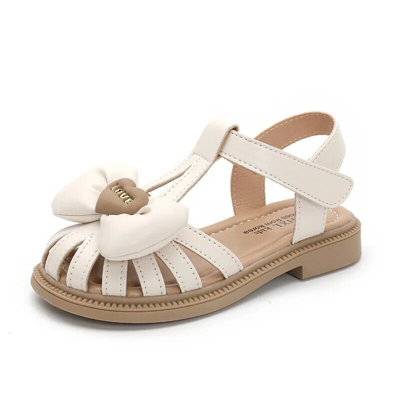 2024 Children's Sandals New Girls Summer Shoes Fashion Love Bowtie Kids Princess Causal Cut-outs Beach Flat Sandals Toe-covered