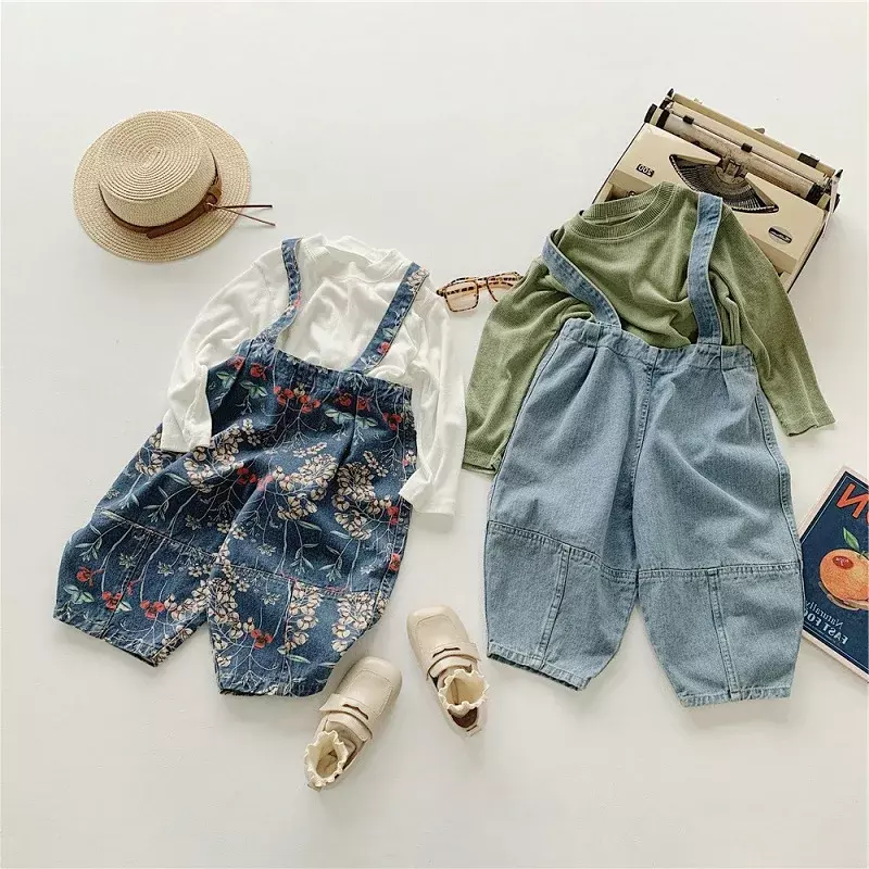 Baby and Girls Cotton Loose Lovely Floral Printed Jeans School Kids Suspenders Denim Pant Child Trousers Bottom Outfit 2-8 Years