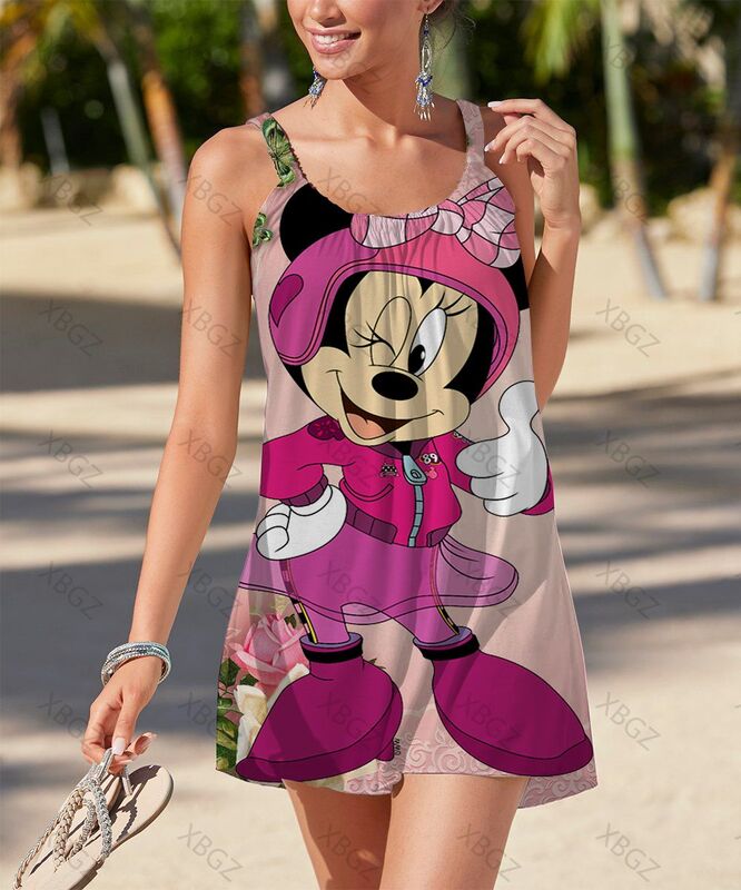 Disney ชุดปาร์ตี้ฤดูร้อนผู้หญิง2022 Boho Minnie เมาส์ชุดสตรีเซ็กซี่หลวมพิมพ์สลิงการ์ตูน