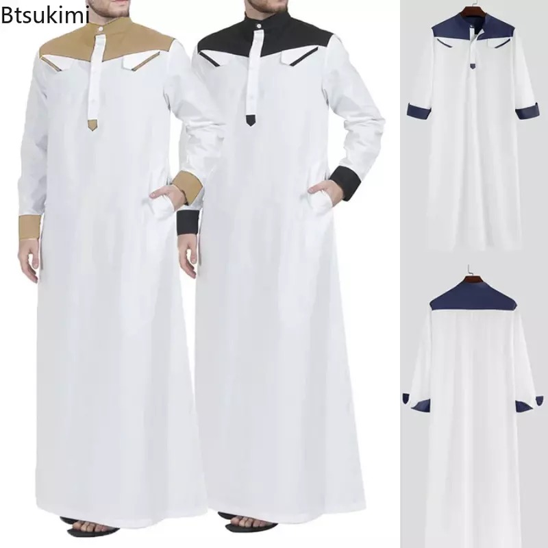 2024 Muslim Thobe Comfortable Men Caftan Long Sleeve Contrast Color Muslim Clothing Mandarin Neck Muslim Robe for Middle East