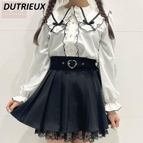 Japanese New Arrival Mine Shirt Cute Sailor Collar Bow Ruffled Sweet Cute Long Sleeve Blouse Tops 2024 Summer New Blusa Feminina