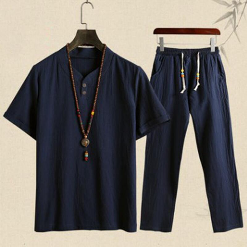 Conjunto de camisas y pantalones para hombre, ropa de algodón y lino de manga corta, informal, a la moda, M-4XL verano