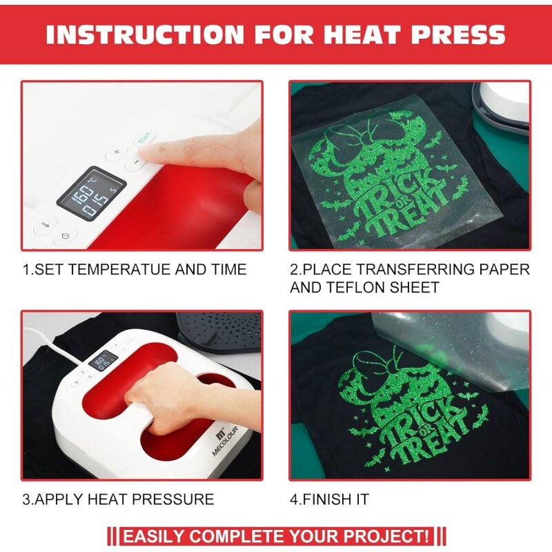 MECOLOUR-máquina de prensado de calor para camisetas, prensa de calor portátil de 9 "x 9" con estera de prensa de calor, teflón de PTFE y regla de camiseta de 8 piezas Guid