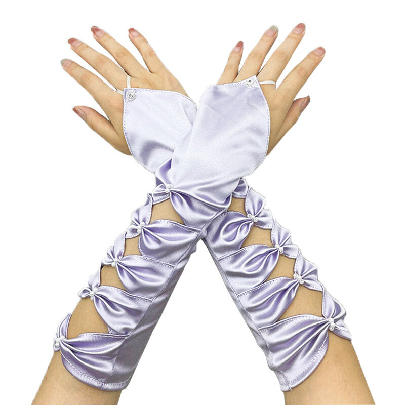 Fashion Satin Hollowed Bow Long Gloves Solid Color Pearl Decorative Bowknot Finger Ring Gloves Elegant Wedding Bridal Gloves