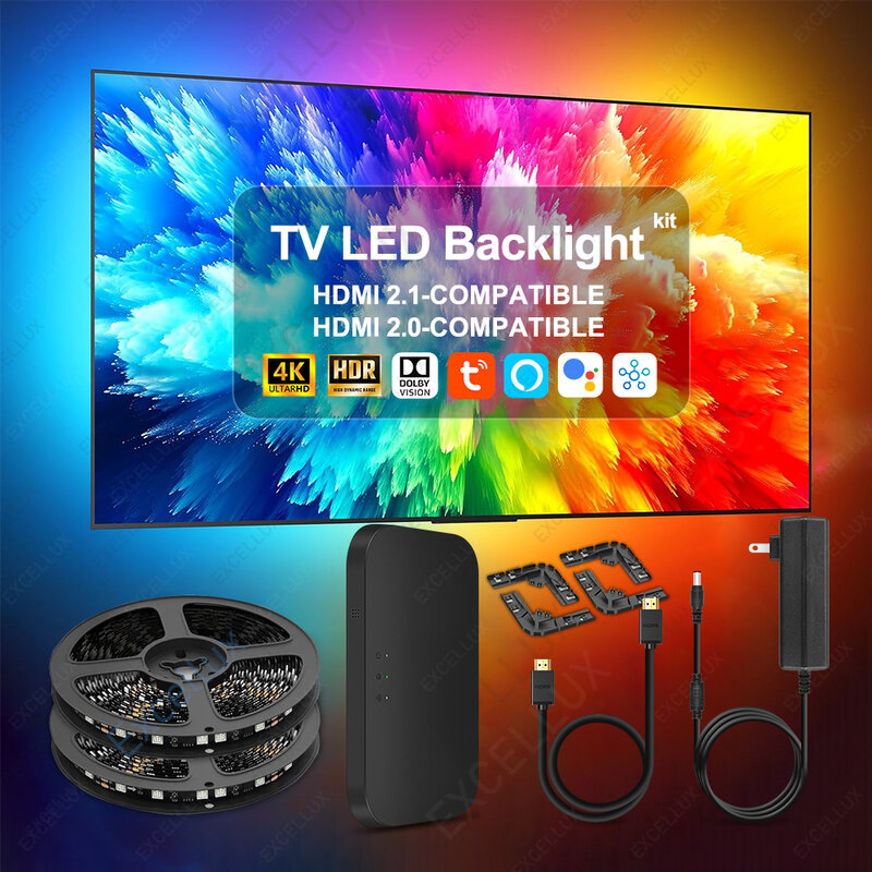 Smart Ambient TV LED Backlight com HDMI 2.1 2.0, Sync Box, LED Strip Light Kit, Viés de TV, Lâmpada de iluminação, RGB, Wi-Fi, Alexa, Controle de Voz