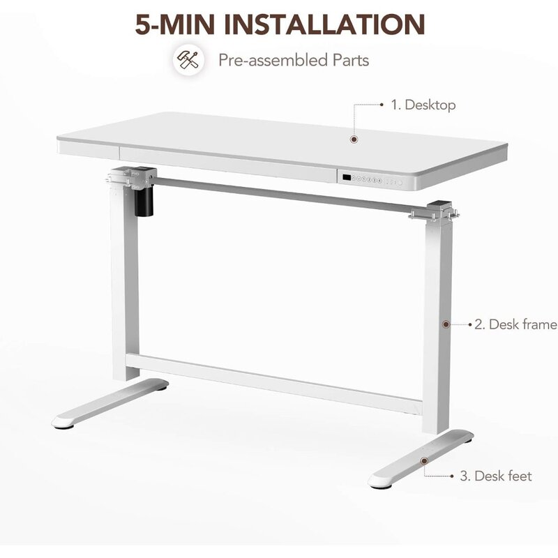 Comhar Electric Standing Desk with Drawers Charging USB A to C Port, Height Adjustable 48" Whole-Piece Quick Install