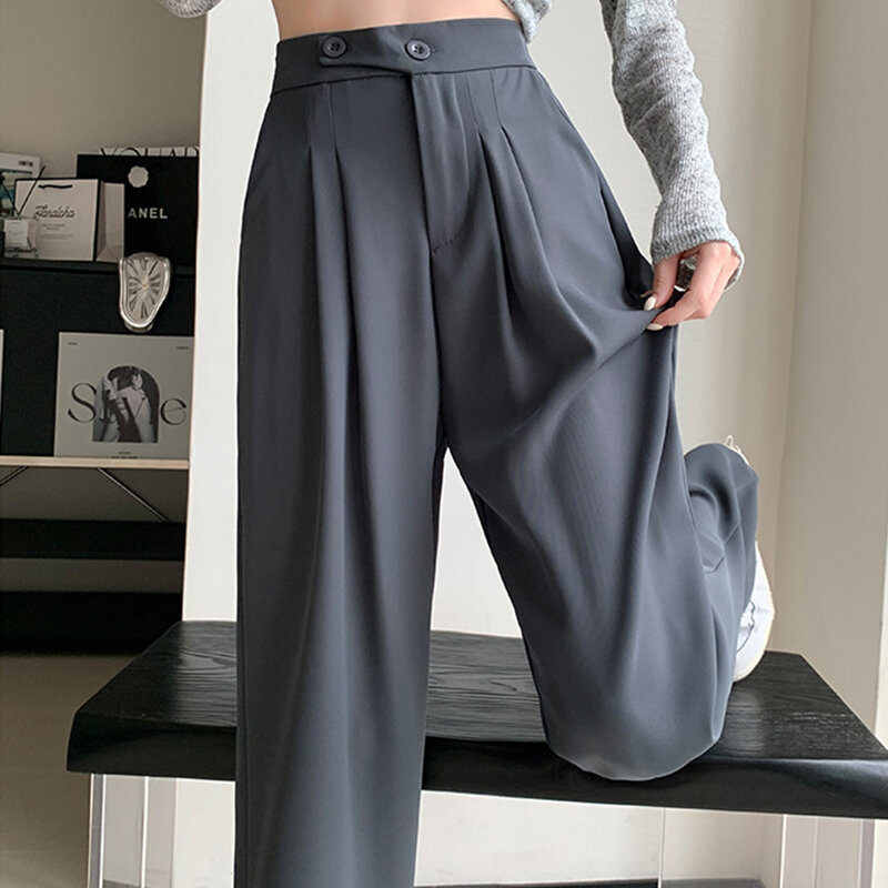 KUYING-Calças casuais femininas soltas retas, cintura alta, calças largas, calças de terno monocromático, roupas femininas para senhora