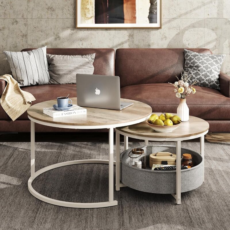 Mesa redonda de anidación de 32 pulgadas para sala de estar, mesa de centro con marco de Metal moderno y cesta de tela, mesas de sala de estar, diseño de café
