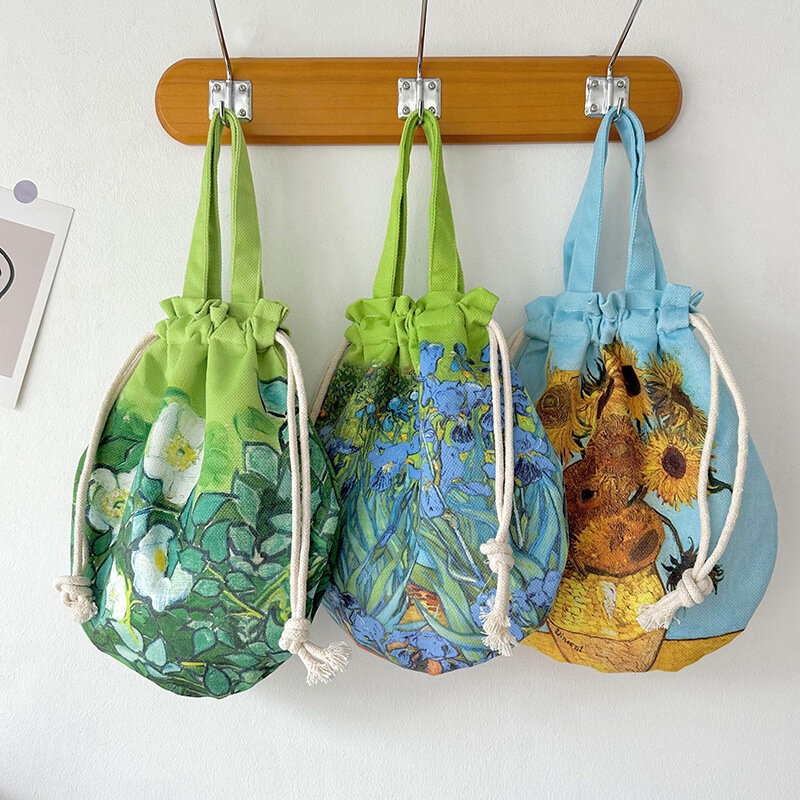2023 baru tas wanita mode Van Gogh lukisan minyak seri keluar tas tangan Retro tas kantong kapasitas besar tas siswa