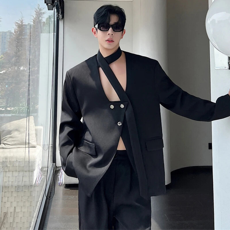 LUZHEN Asymmetric Necktie Splicing Design Stylish Blazer Jackets Personality Trendy Men's High Street Korean Suit Outwear LZ2018