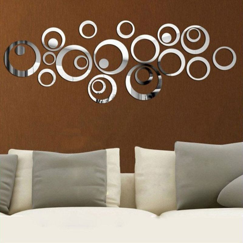 Зеркальные Акриловые Настенные 3D наклейки, круглые кольца, украшения для спальни, семейное украшение, зеркальные наклейки, 24 шт.