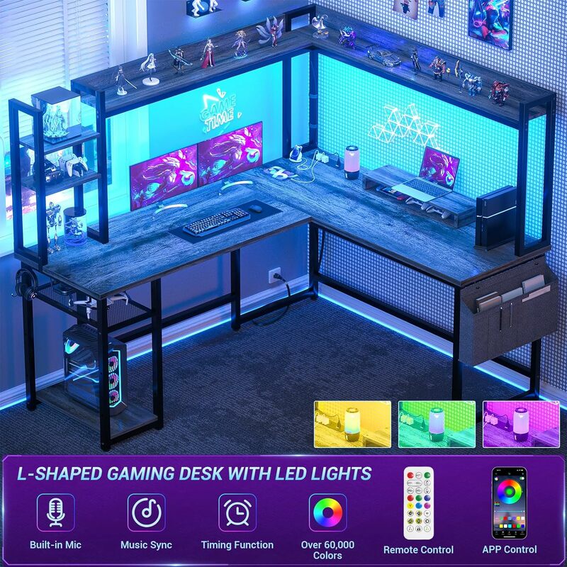 مكتب ألعاب على شكل حرف L مع منفذ طاقة ، إضاءة ليد وقفص ، مكتب منزلي قابل للعكس ، كمبيوتر زاوية