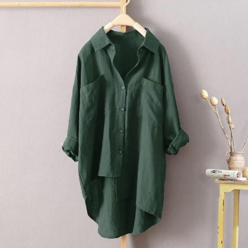 Women Shirt Loose Fit Long Sleeve Double Pockets Longer Back Hemline Casual Shirt for Daily Life