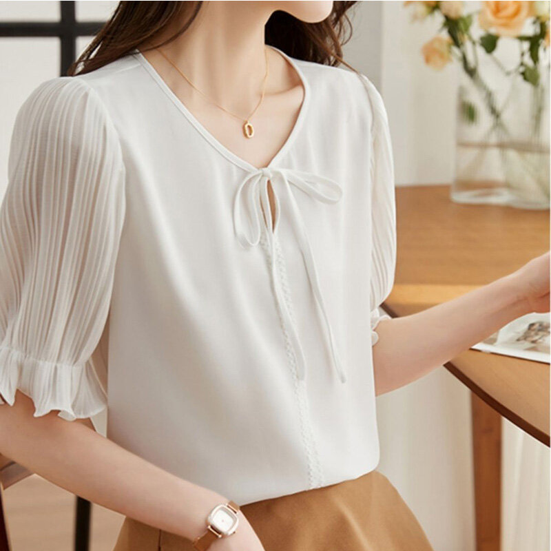 2024 New Summer Loose Simplicity Casual Office Lady Women's Shirt Elegant Fashion BOW Decorations V Neck Short Sleeve Chic Tops