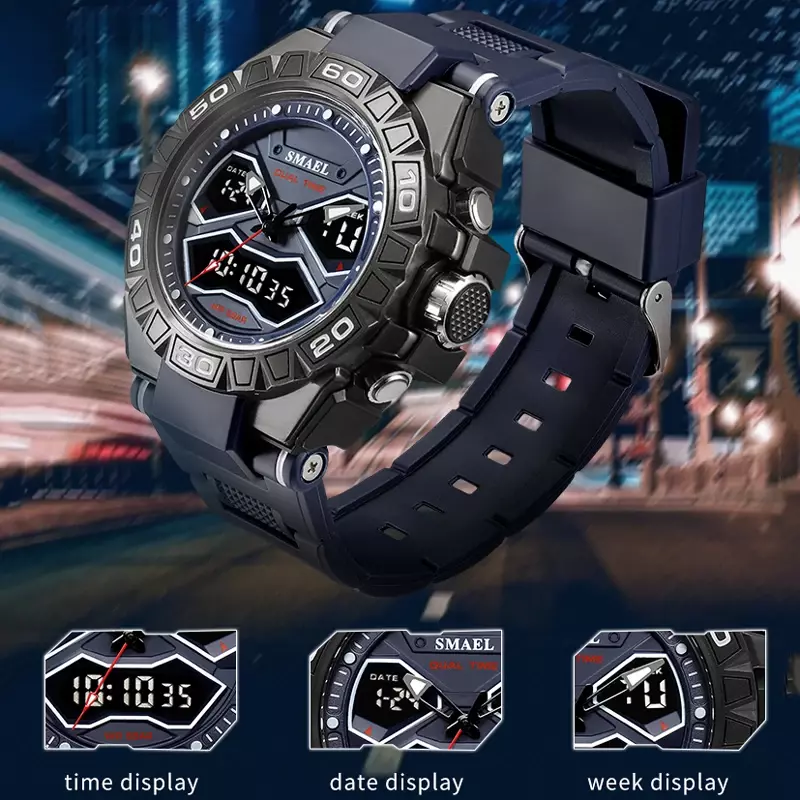 Smael-男性用高級ミリタリークォーツ時計,デジタル腕時計,耐衝撃性,防水,LED,電子ディスプレイ,デュアルディスプレイ,男性