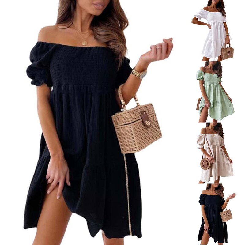 New Short Sleeve Off The Shoulder High Waist A-Line Pleated Dress Sexy Club Outfits Solid Color Summer Dress Women 2024