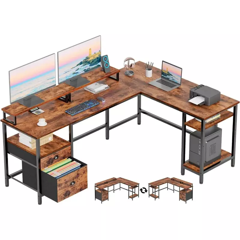 Biurko komputerowe 66 "w kształcie litery L z półkami, składany stół do gry narożny z szufladami na dokumenty i podwójnym podstawa monitora, rustykalny kolor brązowy
