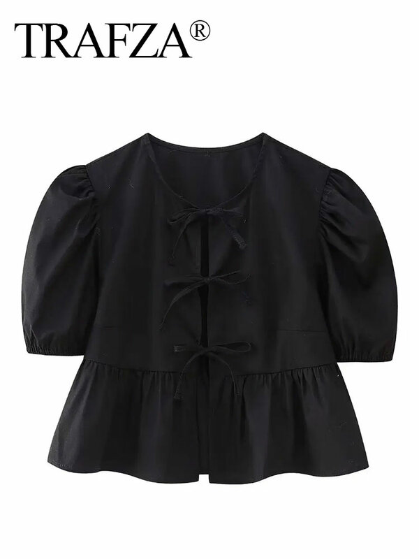 TRAFZA-Blusa plisada de manga abullonada para mujer, blusa holgada con lazo atado, camisa elegante de oficina, Tops