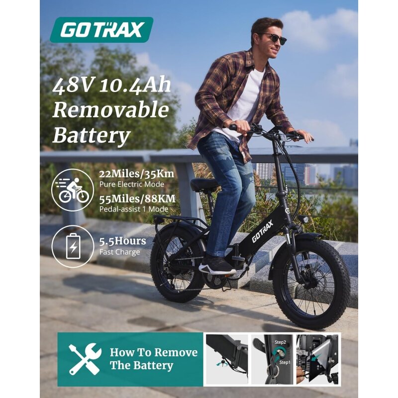 Gotrax sepeda listrik lipat 20 inci, sepeda listrik lipat dengan baterai 55 mil (Pedal-assist1) kali 48V, daya 20mph sebesar 500W, layar LCD dan 5 ped-assi