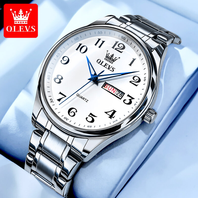 Olevs-メンズウォータープルーフクォーツ時計、ステンレススチールストラップ、週と日付、クラシックな時計、高級腕時計、トップブランド、ファッション