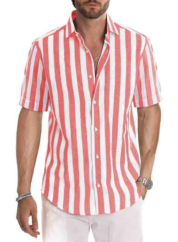 Camisa casual de manga curta com fios tingidos listrados de lapela masculina, camisa de praia, europeia e americana, além das fronteiras Amazon Ins, verão, 2022