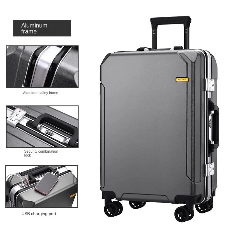 Bagaż z ładowaniem USB 20/22/24/26 Cal walizki marki kobiety aluminiowa rama walizka na kółkach mężczyźni walizka zamek błyskawiczny
