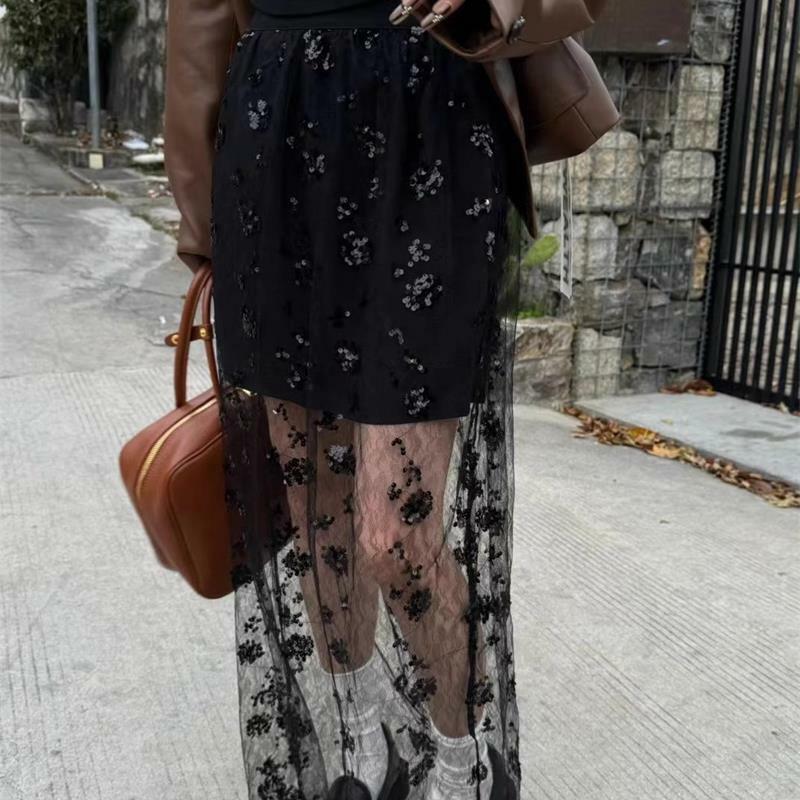 Deeptown Elegante Doorzichtige Zwarte Rok Tule Vintage Kant Mode Sexy Mid Rok Mesh Koreaanse Stijl Streetwear A-Line Rokken