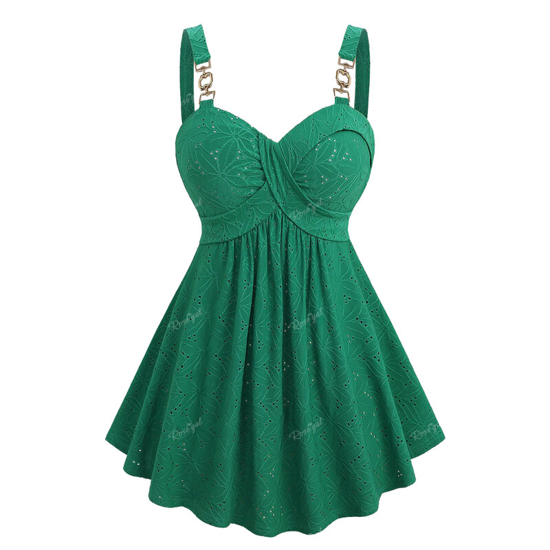 Rosegal-Camiseta de talla grande de Jacquard verde para mujer, Top con Espalda descubierta, chaleco informal con ribete de cadenas