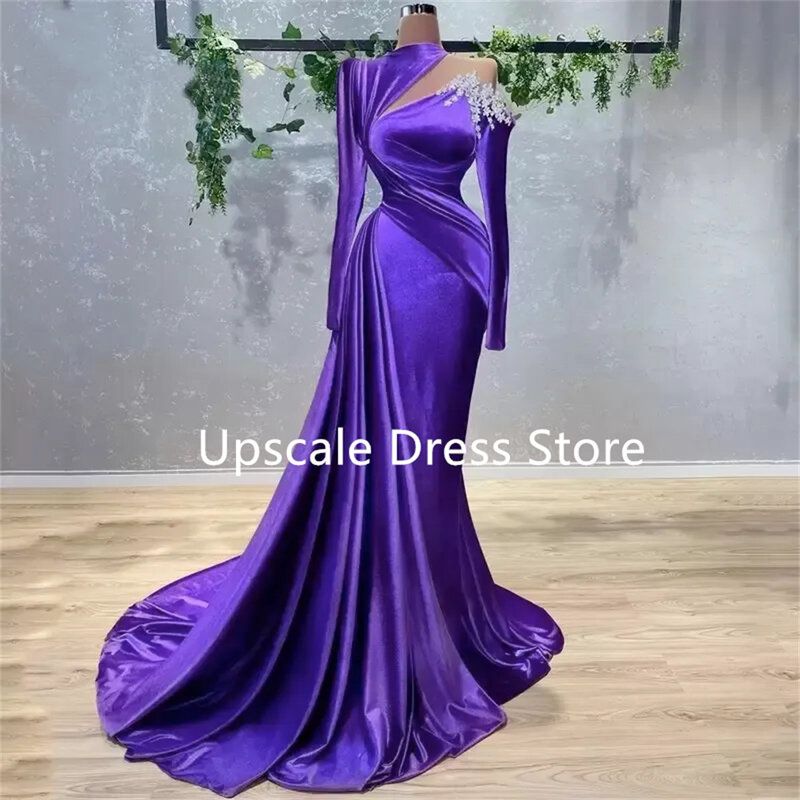 Vestido de noche púrpura de sirena de lujo con cuentas de cristales, manga larga, terciopelo, satén, ocasión, plisado, volantes