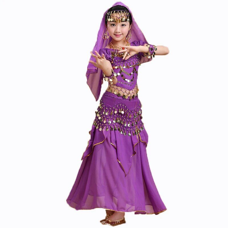 Fato de dança do ventre infantil, roupa de dançarina oriental, traje de dança indiana, estilo novo, 5 pçs/set