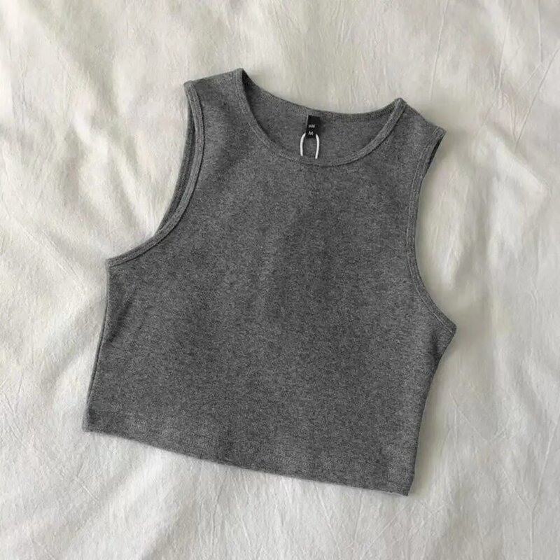 Женские укороченные топы с круглым вырезом, облегающий пуловер без рукавов, топ, Повседневная рубашка с низом, однотонная летняя повседневная короткая футболка, сексуальный