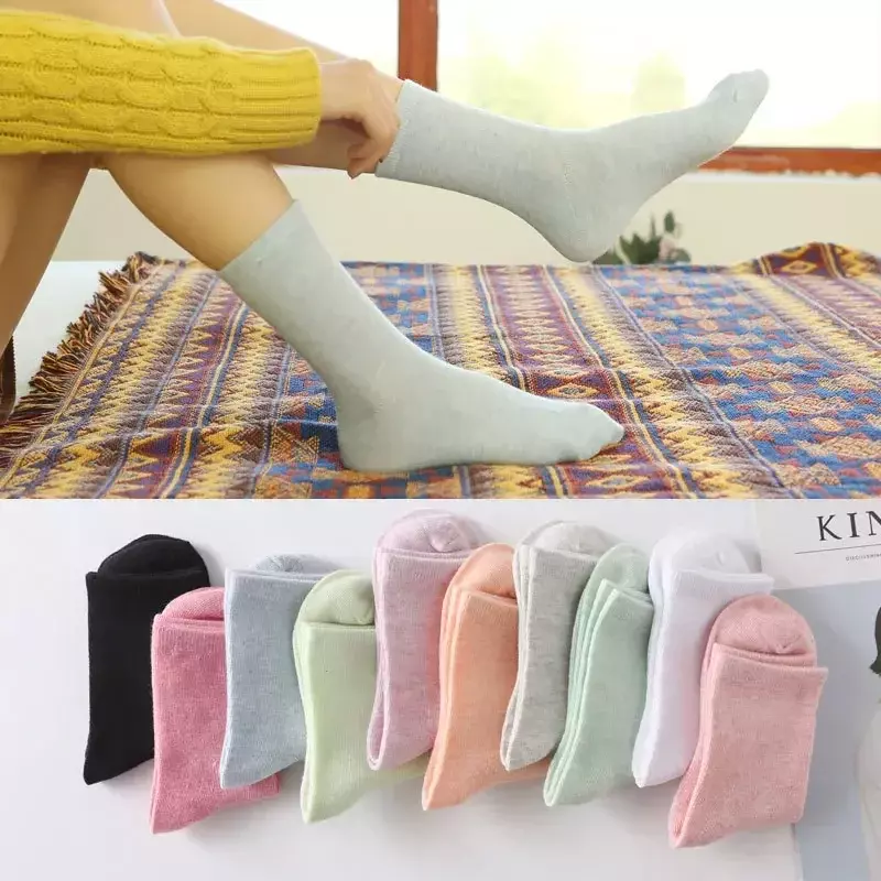 Chaussettes décontractées en coton respirant pour femmes coréennes, tube Harajuku, solide, nouveau, printemps, été, cadeau pour filles, document moyen, 5 paires